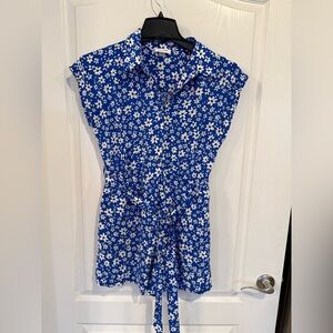 Calvin Klein womens Button Front blue ditsy floral belted elastic waist Romper 8